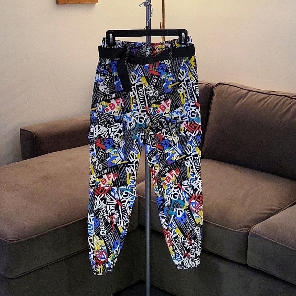 Graffiti jogger pants w/ belt